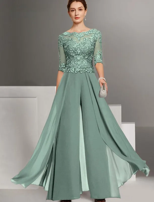 Jumpsuit Mother of the Bride Wedding Guest Church Elegant Petite Bateau Neck Floor Length Chiffon Half Sleeve with Appliques