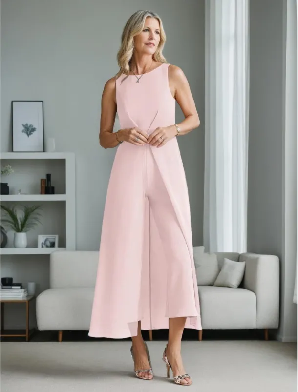 Jumpsuit Mother of the Bride Wedding Guest Elegant Simple Minimalist Jewel Neck Ankle Length Polyester Sleeveless with Pleats Ruching Solid Color