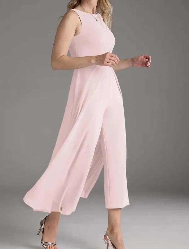 Jumpsuit Mother of the Bride Wedding Guest Elegant Simple Minimalist Jewel Neck Ankle Length Polyester Sleeveless with Pleats Ruching Solid Color