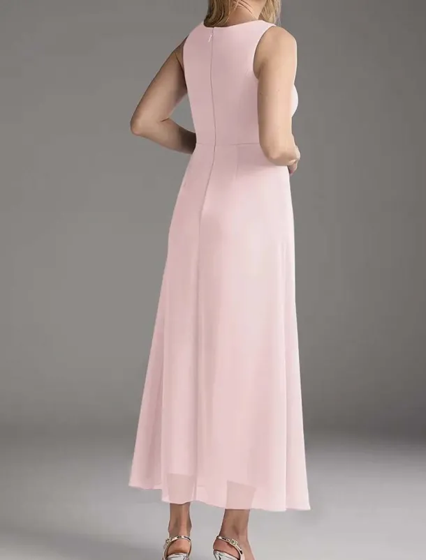 Jumpsuit Mother of the Bride Wedding Guest Elegant Simple Minimalist Jewel Neck Ankle Length Polyester Sleeveless with Pleats Ruching Solid Color