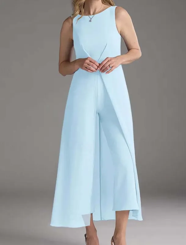 Jumpsuit Mother of the Bride Wedding Guest Elegant Simple Minimalist Jewel Neck Ankle Length Polyester Sleeveless with Pleats Ruching Solid Color