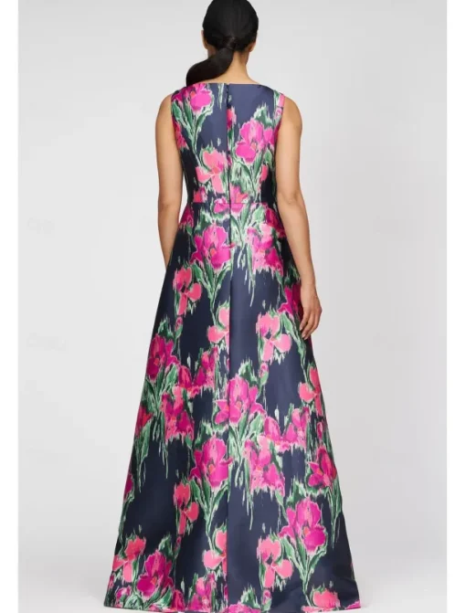 Jumpsuits A-Line Evening Gown Elegant Dress Formal Wedding Guest Floor Length Sleeveless Boat Neck Satin with Floral Print Pocket
