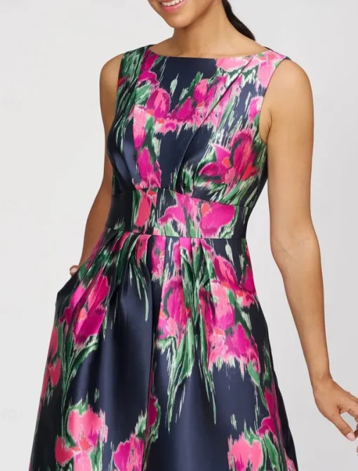 Jumpsuits A-Line Evening Gown Elegant Dress Formal Wedding Guest Floor Length Sleeveless Boat Neck Satin with Floral Print Pocket