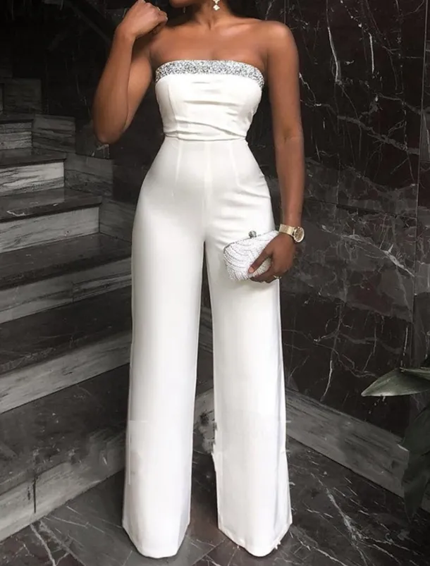 Jumpsuits Elegant Dress Wedding Guest Prom Floor Length Sleeveless Strapless Stretch Fabric with Sequin Pure Color