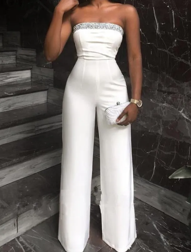 Jumpsuits Elegant Dress Wedding Guest Prom Floor Length Sleeveless Strapless Stretch Fabric with Sequin Pure Color