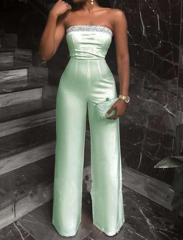 Jumpsuits Elegant Dress Wedding Guest Prom Floor Length Sleeveless Strapless Stretch Fabric with Sequin Pure Color
