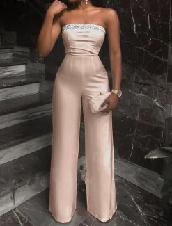Jumpsuits Elegant Dress Wedding Guest Prom Floor Length Sleeveless Strapless Stretch Fabric with Sequin Pure Color