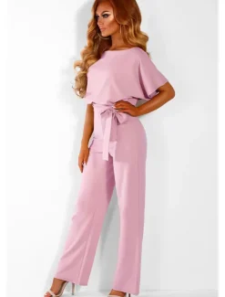 Jumpsuits Elegant Dress Wedding Guest Engagement Floor Length Short Sleeve Boat Neck with Strappy dress to impress