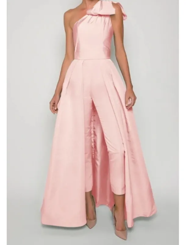 Jumpsuits Evening Gown Elegant Dress Formal Wedding Guest Floor Length Sleeveless One Shoulder Convertible Stretch Fabric with Bow(s) Pleats Overskirt