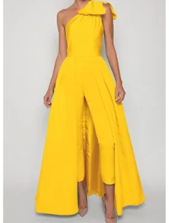 Jumpsuits Evening Gown Elegant Dress Formal Wedding Guest Floor Length Sleeveless One Shoulder Convertible Stretch Fabric with Bow(s) Pleats Overskirt