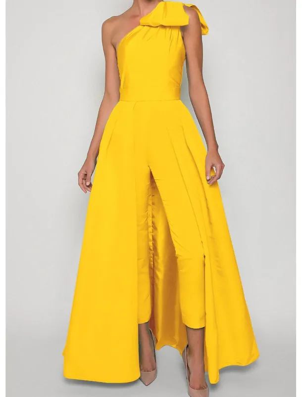 Jumpsuits Evening Gown Elegant Dress Formal Wedding Guest Floor Length Sleeveless One Shoulder Convertible Stretch Fabric with Bow(s) Pleats Overskirt