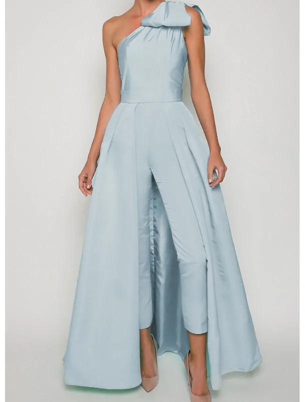 Jumpsuits Evening Gown Elegant Dress Formal Wedding Guest Floor Length Sleeveless One Shoulder Convertible Stretch Fabric with Bow(s) Pleats Overskirt