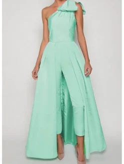 Jumpsuits Evening Gown Elegant Dress Formal Wedding Guest Floor Length Sleeveless One Shoulder Convertible Stretch Fabric with Bow(s) Pleats Overskirt
