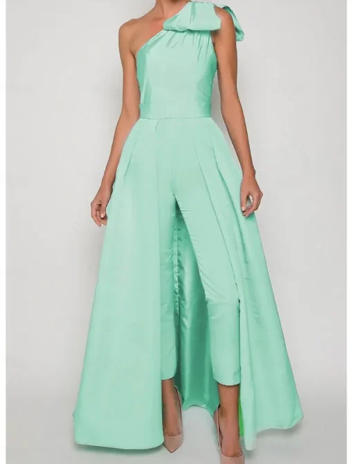 Jumpsuits Evening Gown Elegant Dress Formal Wedding Guest Floor Length Sleeveless One Shoulder Convertible Stretch Fabric with Bow(s) Pleats Overskirt