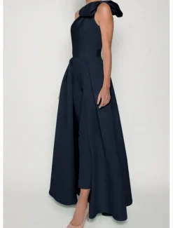 Jumpsuits Evening Gown Elegant Dress Formal Wedding Guest Floor Length Sleeveless One Shoulder Convertible Stretch Fabric with Bow(s) Pleats Overskirt