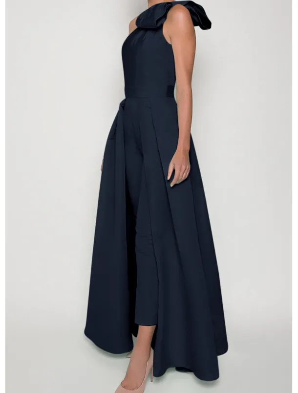 Jumpsuits Evening Gown Elegant Dress Formal Wedding Guest Floor Length Sleeveless One Shoulder Convertible Stretch Fabric with Bow(s) Pleats Overskirt
