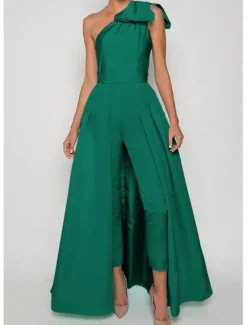 Jumpsuits Evening Gown Elegant Dress Formal Wedding Guest Floor Length Sleeveless One Shoulder Convertible Stretch Fabric with Bow(s) Pleats Overskirt
