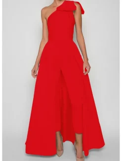 Jumpsuits Evening Gown Elegant Dress Formal Wedding Guest Floor Length Sleeveless One Shoulder Convertible Stretch Fabric with Bow(s) Pleats Overskirt