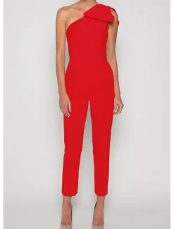 Jumpsuits Evening Gown Elegant Dress Formal Wedding Guest Floor Length Sleeveless One Shoulder Convertible Stretch Fabric with Bow(s) Pleats Overskirt