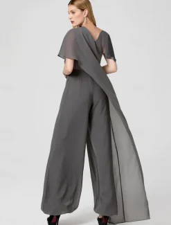 Jumpsuits Evening Gown Elegant Dress Summer Floor Length Short Sleeve V Neck Detachable Chiffon with Criss Cross