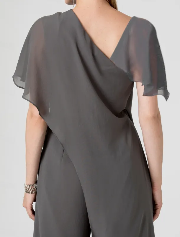 Jumpsuits Evening Gown Elegant Dress Summer Floor Length Short Sleeve V Neck Detachable Chiffon with Criss Cross