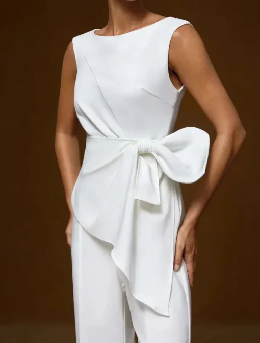 Jumpsuits Evening Gown Elegant Dress Wedding Wedding Guest Floor Length Sleeveless Boatneck Satin with Floral Bows Asymmetrical Hem