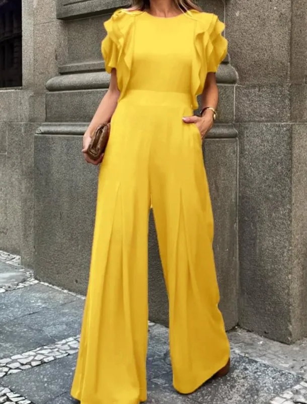 Jumpsuits Evening Gown Vintage Dress Semi Formal Wedding Guest Floor Length Sleeveless Crew Neck Stretch Crepe with Ruffles