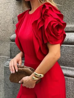 Jumpsuits Evening Gown Vintage Dress Semi Formal Wedding Guest Floor Length Sleeveless Crew Neck Stretch Crepe with Ruffles