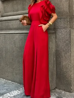 Jumpsuits Evening Gown Vintage Dress Semi Formal Wedding Guest Floor Length Sleeveless Crew Neck Stretch Crepe with Ruffles