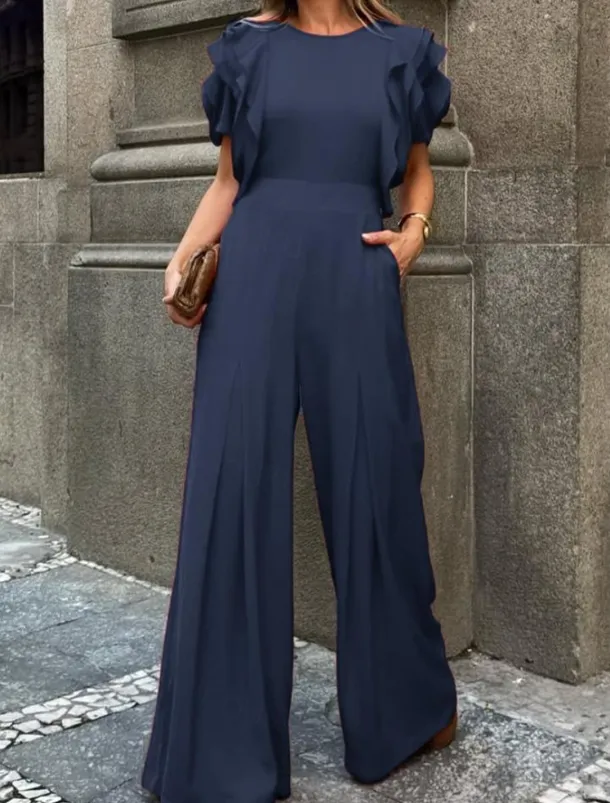 Jumpsuits Evening Gown Vintage Dress Semi Formal Wedding Guest Floor Length Sleeveless Crew Neck Stretch Crepe with Ruffles