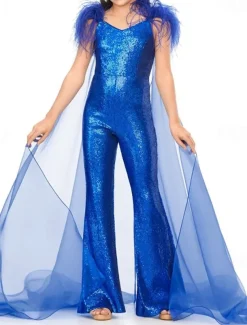 Jumpsuits Floor Length Flower Girl Dress Feather Dress Pageant & Performance Juniors Cute Prom Dress Organza with Feathers / Fur Sparkle & Shine Disco Fit 3-16 Years dress to impress