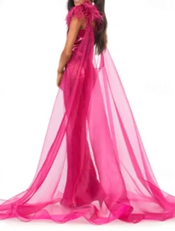 Jumpsuits Floor Length Flower Girl Dress Feather Dress Pageant & Performance Juniors Cute Prom Dress Organza with Feathers / Fur Sparkle & Shine Disco Fit 3-16 Years dress to impress