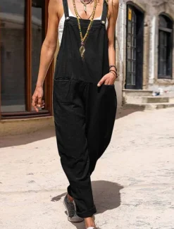Jumpsuits for Women Summer Utility Overall Patch Pocket Trug Life Solid Color Square Neck Streetwear Daily Vacation Regular Fit Sleeveless Black White Green S M L