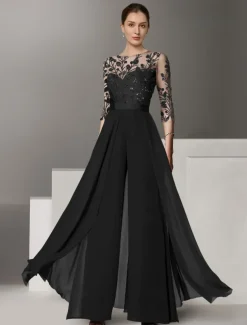 Jumpsuits Mother of the Bride Beach Wedding Elegant Illusion Neck Floor Length Stretch Chiffon 3/4 Length Sleeve with Lace Solid Color
