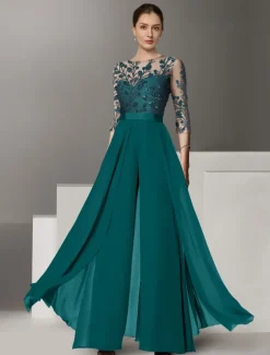 Jumpsuits Mother of the Bride Beach Wedding Elegant Illusion Neck Floor Length Stretch Chiffon 3/4 Length Sleeve with Lace Solid Color