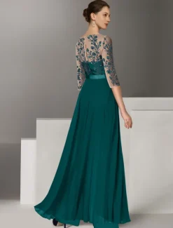 Jumpsuits Mother of the Bride Beach Wedding Elegant Illusion Neck Floor Length Stretch Chiffon 3/4 Length Sleeve with Lace Solid Color