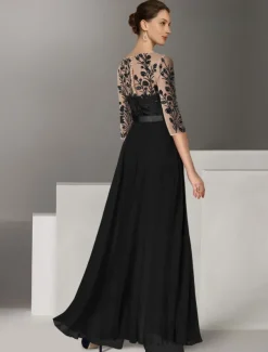 Jumpsuits Mother of the Bride Beach Wedding Elegant Illusion Neck Floor Length Stretch Chiffon 3/4 Length Sleeve with Lace Solid Color