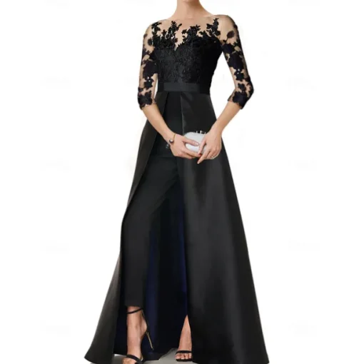 Jumpsuits Mother of the Bride Wedding Guest Elegant Party Jewel Neck Floor Length Satin 3/4 Length Sleeve with Appliques Solid Color