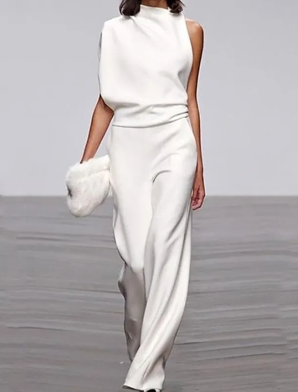 Jumpsuits Prom Dresses Minimalist Dress Wedding Guest Party Wear Floor Length Sleeveless One Shoulder Stretch Fabric with Sleek Pure Color