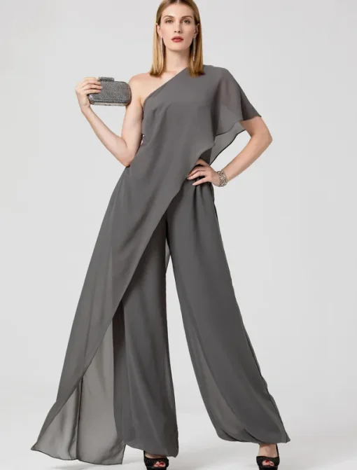 Jumpsuits Sexy Dress Formal Evening Floor Length Sleeveless One Shoulder Fall Wedding Guest Chiffon with Draping