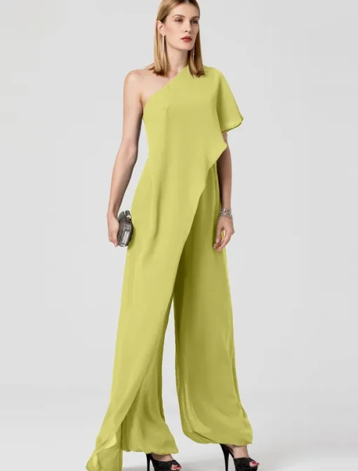 Jumpsuits Sexy Dress Formal Evening Floor Length Sleeveless One Shoulder Fall Wedding Guest Chiffon with Draping