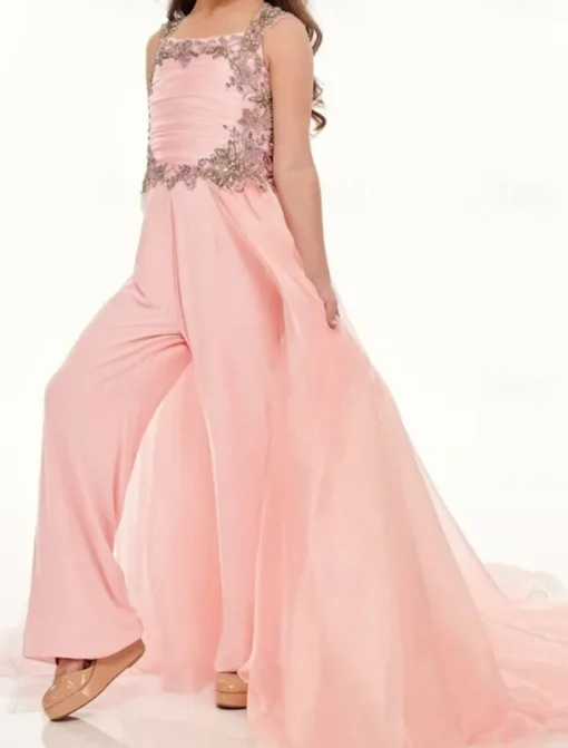 Jumpsuits Sweep / Brush Train Flower Girl Dress Pageant & Performance Frozen Elsa Juniors Cute Prom Dress Chiffon with Beading Frozen Fit 3-16 Years dress to impress