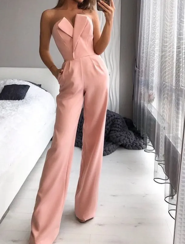 Jumpsuits Wedding Guest Dresses Tuxedo Dress Rompers Dress Party Wear Wedding Party Floor Length Sleeveless Strapless Stretch Fabric with Pocket