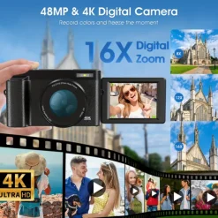 4K Digital Camera 48MP Camera Auto Focus Compact Digital Camera with Flash Light Point and Shoot Camera Small Digital Camera