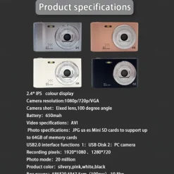 4K Digital Camera Point and Shoot Photography Travel Selfie Camara 2.4inch Screen Entry-Level Gift Compact Digicam Selfie Mini Retro Cam