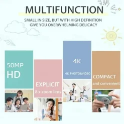 4K Digital Camera Point and Shoot Photography Travel Selfie Camara 2.4inch Screen Entry-Level Gift Compact Digicam Selfie Mini Retro Cam