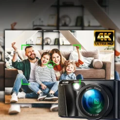 4K Digital Camera with 48MP Video Auto-Focus Anti-Shake 3 TPS Screen Flash 18X Zoom - Portable Travel Camcorder with 32GB Card