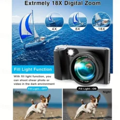 4K Digital Camera with 48MP Video Auto-Focus Anti-Shake 3 TPS Screen Flash 18X Zoom - Portable Travel Camcorder with 32GB Card