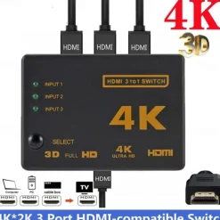 4K 2K 3x1 HDMI Cable Splitter HD 1080P Video Switcher Adapter 3 Input 1 Output Port HDMI Hub for Xbox PS4 DVD HDTV PC Laptop TV