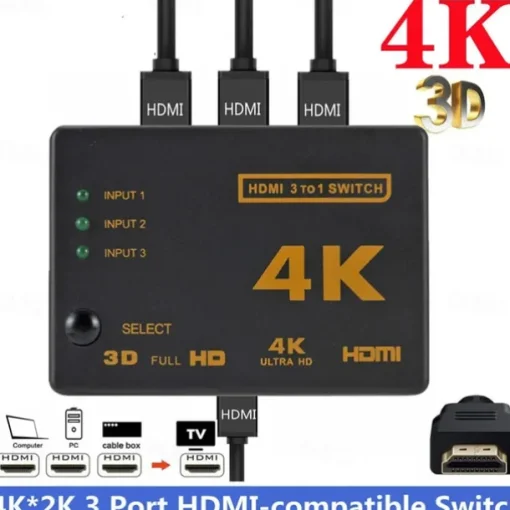 4K 2K 3x1 HDMI Cable Splitter HD 1080P Video Switcher Adapter 3 Input 1 Output Port HDMI Hub for Xbox PS4 DVD HDTV PC Laptop TV